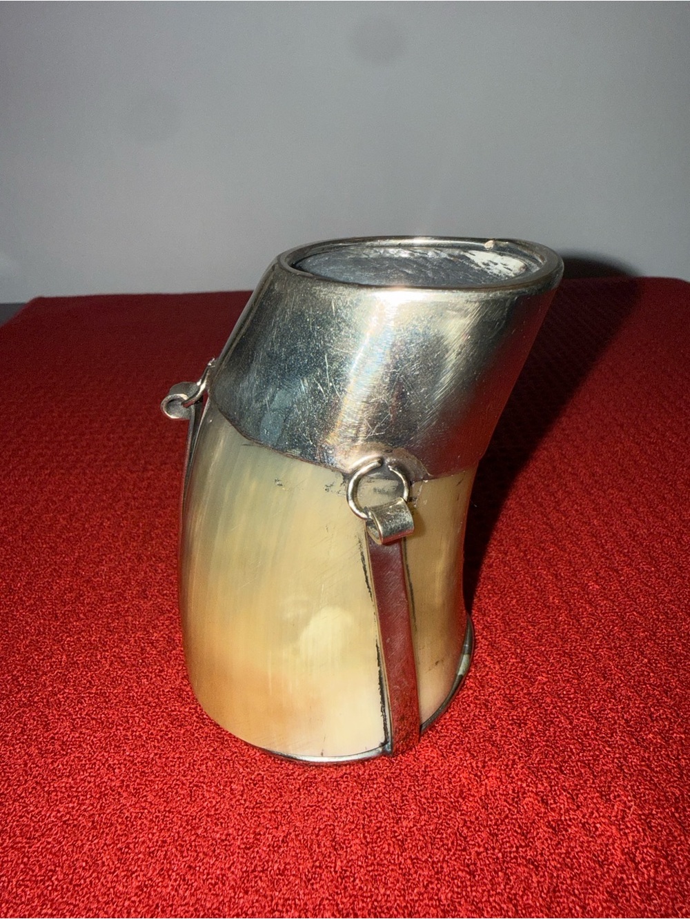 Rustic Horn Tankard Mug with Silver-Tone Rim and Straps - Natural Cream-Brown